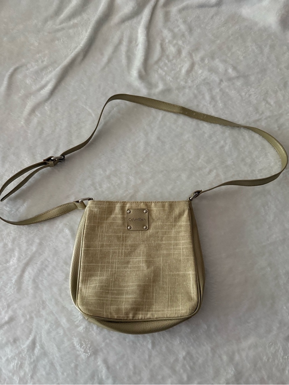 Tan Calvin Klein Crossbody Bag Silver Hardware Branded Metal Plaque